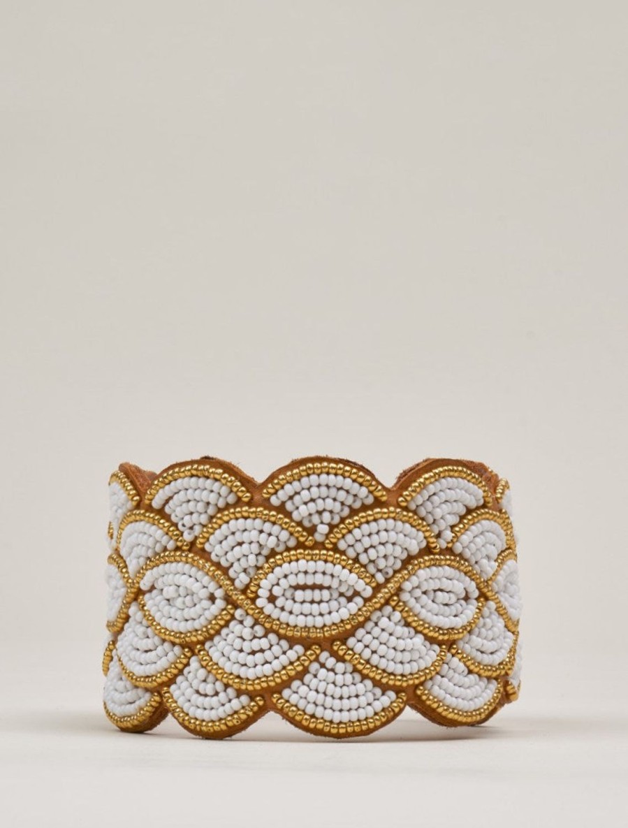 Tillbehor laidback london | Wave Lader Beaded Cuff Armband Guld Vit